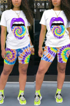 purple Fashion Active Casual Patchwork Print Tie Dye Straight Short Sleeve Two Pieces