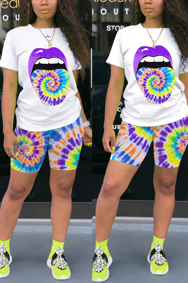 purple Fashion Active Casual Patchwork Print Tie Dye Straight Short Sleeve Two Pieces