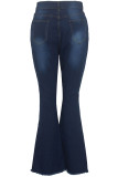 Dark Blue Denim Button Fly Zipper Fly High washing Zippered Solid Beading Asymmetrical Hole Boot Cut Pants 