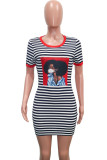 Green Fashion Casual Red Green Cap Sleeve Short Sleeves O neck Step Skirt skirt Striped Print Dresses