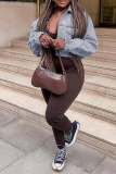 Grey Casual Solid Patchwork Turndown Collar Long Sleeve Regular Denim Jacket