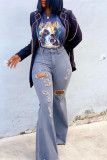 Grey Fashion Casual Solid Ripped Mid Waist Boot Cut Jeans