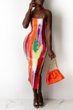 Colour Fashion Sexy Print Backless Slit Spaghetti Strap Sleeveless Dress