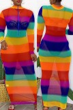 Rainbow Color Sexy Casual Print See-through Zipper Collar Long Sleeve Dresses