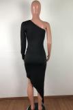 Navy Blue Sexy Fashion One Shoulder Long Sleeves one shoulder collar Asymmetrical Mini hollow out Pa