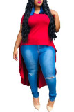 Red Fashion Sexy adult Ma'am Turndown Collar Patchwork Solid asymmetrical Stitching Plus Size