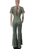 Pink Fashion Casual Print Basic V Neck Regular Jumpsuits