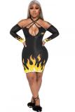 Orange and pink Fashion adult Sexy Off The Shoulder Long Sleeves Halter Neck A-Line Knee-Length split Prin