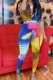 Yellow Sexy Print Short Sleeve V Neck Jumpsuits