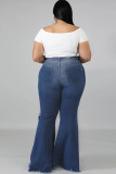 Dark Blue Denim Casual Sexy Fashion Zippered Hole Solid washing Button Zipper 