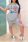 Grey Fashion Casual Print Basic O Neck Short Sleeve Two Pieces