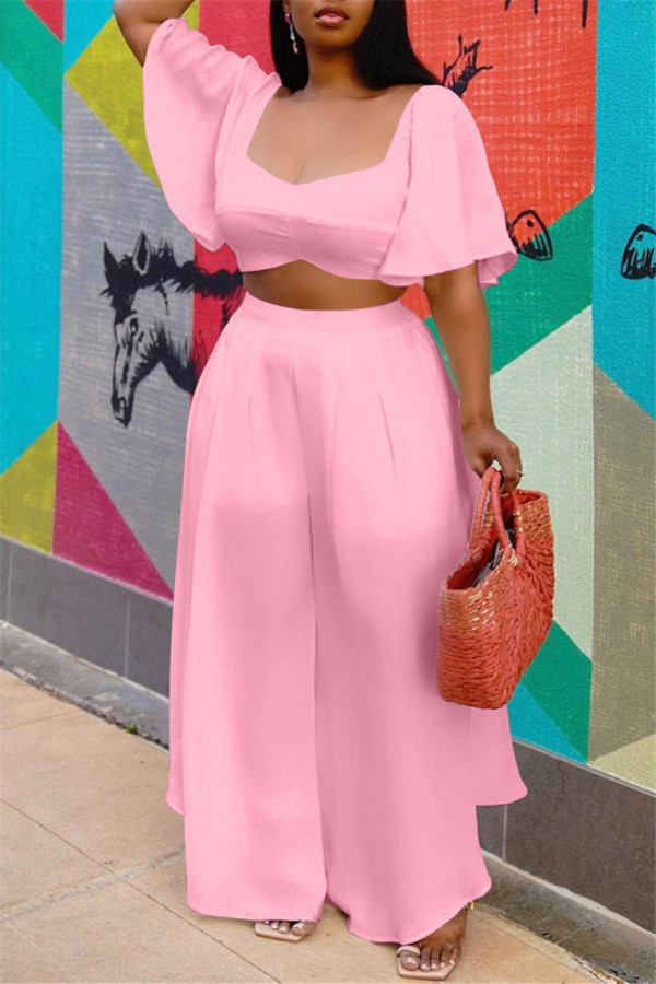 Pink Fashion Casual Solid Basic Square Collar Short Sleeve Two Pieces