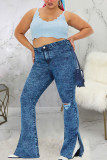 Gray Blue Sexy Solid Ripped Slit Mid Waist Regular Denim