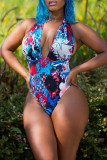Blue Fashion Sexy Print Backless Swimwears