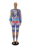 Blue Casual Print O Neck Long Sleeve Two Pieces