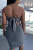 Black Sexy Solid Patchwork Strapless Sleeveless Two Pieces
