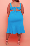 Tangerine Red Casual Solid Patchwork O Neck Trumpet Mermaid Plus Size Dresses