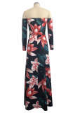 Red Sexy Fashion Off The Shoulder Long Sleeves Wrapped chest Step Skirt Ankle-Length Print split Patchwo