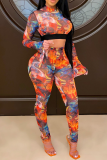Blue Sexy Print Mesh Half A Turtleneck Long Sleeve Two Pieces