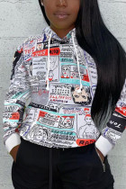 White Fashion Casual Print Basic Hooded Collar Tops