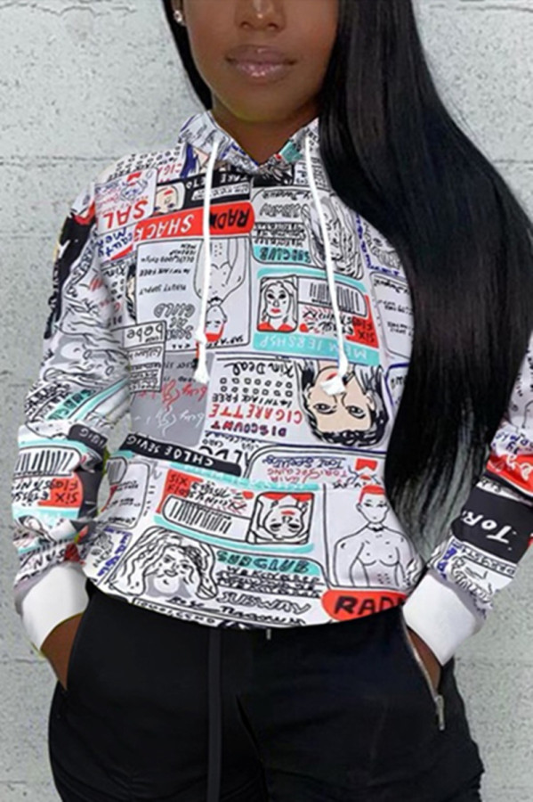 White Fashion Casual Print Basic Hooded Collar Tops
