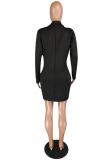 Black Fashion adult Casual Cap Sleeve Long Sleeves Notched Step Skirt Mini fastener Pocket Patch