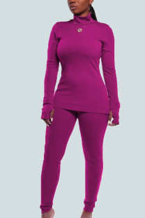 rose red Casual Pit Article Fabrics Solid Patchwork Turtleneck Long Sleeve Regular Sleeve Regular Two Pieces