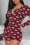 Red Casual Living Lips Printed Basic V Neck Skinny Romper