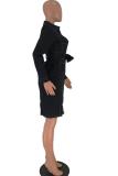 Red Sexy Fashion adult Cap Sleeve Long Sleeves Notched Straight Knee-Length Solid Patchwork ba