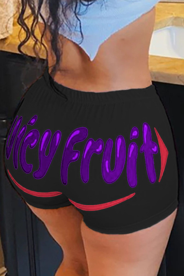 Red purple Elastic Fly Low Print Straight shorts Bottoms