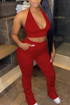 Red Casual Solid Bandage Patchwork Backless Halter Sleeveless Two Pieces