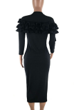 Black Casual Solid Patchwork O Neck Wrapped Skirt Dresses
