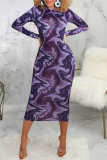 Purplish Red Sexy Print Patchwork Zipper Collar Pencil Skirt Dresses