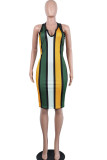 Red Fashion Sexy Red Blue Pink Yellow Wine Red Navy Blue Tank Sleeveless V Neck Hip skirt Knee-Length Striped Dresses