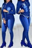Blue Fashion Casual Solid Basic Turndown Collar Plus Size Set