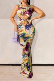 Colour Sexy Print Hollowed Out O Neck Trumpet Mermaid Dresses