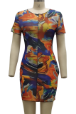 Multicolor Sexy Print Mesh O Neck Pencil Skirt Dresses