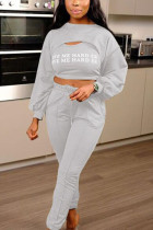 Grey Sexy Print O Neck Long Sleeve Regular Sleeve Two Pieces