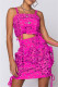 Rose Red Fashion Sexy Print Backless Spaghetti Strap Sleeveless Two Pieces