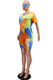 Orange Fashion Casual adult Patchwork Print Tie Dye Two Piece Suits Straight Short Sleeve Two Pieces
