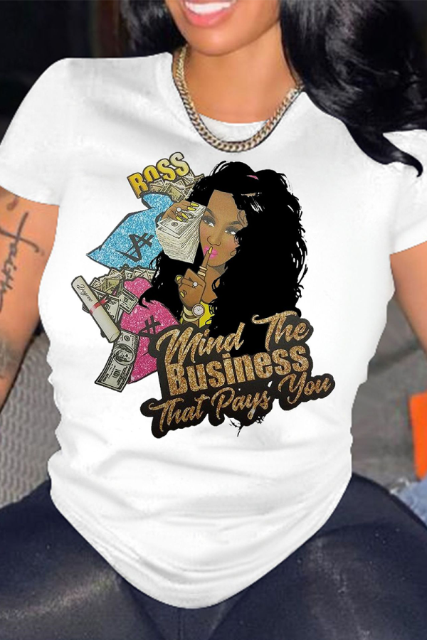 White Casual Print Patchwork O Neck T-Shirts
