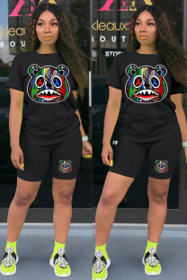 Black Fashion Casual adult Patchwork Print Character Two Piece Suits Straight Short Sleeve Two Pieces