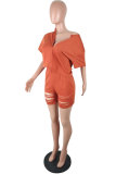 Orange Fashion adult Lightly cooked Patchwork Solid Hole Two Piece Suits HOLLOWED OUT Straight Half Sleeve Two Pieces