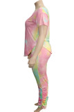 Blue Fashion Casual adult Ma'am O Neck Tie Dye Two Piece Suits Plus Size