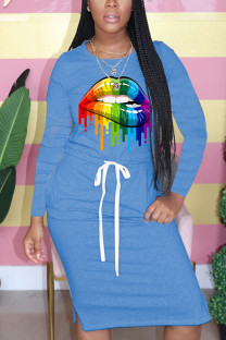 Light Blue Fashion Casual Print Patchwork Draw String O Neck Printed Dresses