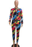 Rose Red Sportswear Print Zipper Collar Long Sleeve Two Pieces