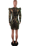 Colour Street Geometric Solid Sequins Mesh V Neck Pencil Skirt Dresses