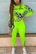 Fluorescent green Fashion Casual Adult Milk Fiber Print Patchwork O Neck Long Sleeve Regular Sleeve Short Two Pieces