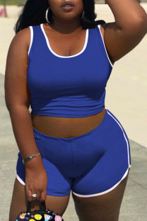 Blue Casual Solid Patchwork O Neck Plus Size Two Pieces