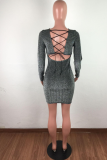 Grey Sexy Solid Hollowed Out V Neck Wrapped Skirt Dresses